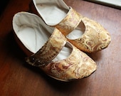 Oval Toe Curved Mary Jane Strap Shoes,  Gold Satin Brocade, Suede and Recycled Rubber Soles