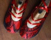 Tire Heel Upturned Toe Octopus Print Red Satin Slippers, with Recycled Rubber Soles