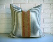 Decorative Pillow Cover Throw - Rustic Decor  - Industrial Farmhouse - Ticking Pillow - Vintage Upholstery Webbing Red