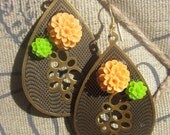 Spring Savings Sale Antique Brass Teardrop and Resin Flower earringsTAGTMCTT