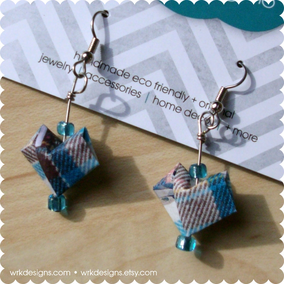 Blue Plaid 3D Paper Heart Earrings - OOAK - Recycled Magazine
