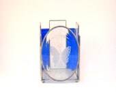 Stained Glass Candle Shelter, Candle Holder, Etched Butterfly, Cobalt Blue, Home Decor, 6" tall