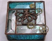 Steampunk Octopus Stained Glass Box, Aqua Blue, Keepsake Box, Treasure Box, Gift for Him, Father's Day Gift