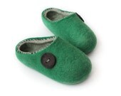 Hand Felted Slippers for Everyone. Green with Lucky Button and Gray inside.  EU 41-42 ready to ship.