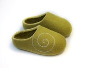Hand Felted Wool Slippers for Everyone. Green with White  Spiral ornament.