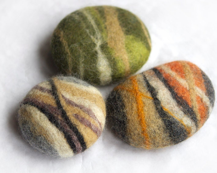 Eco friendly Hand made  Felted Wool Stones .  Light Gray,Dark Gray, Beige, Green shadows.