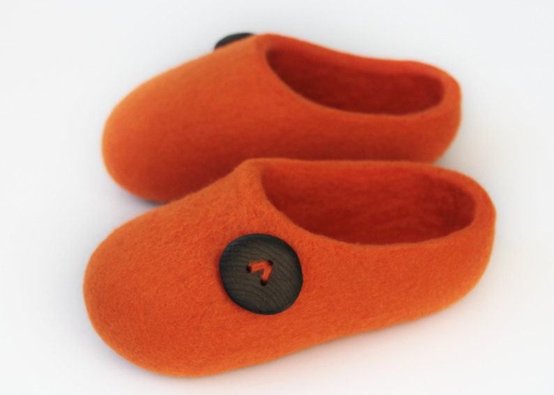 Hand Felted Wool Slippers for Everyone.  Orange  with hand made buttton. Size  EU 37- 38 ready to ship..