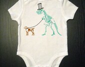 One Piece Baby Bodysuit w/ Dinosaur walking A Dog - Funny Baby Dino - Toddler Kids and Children's Clothing