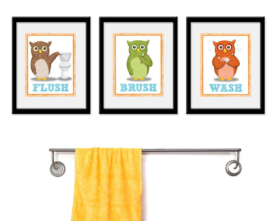 Bathroom Owls theme Kids Art - Set of Three 5 x 7 Bathroom Decor Prints - Owls Theme kids decor, children wall art, bathroom art, kids bath