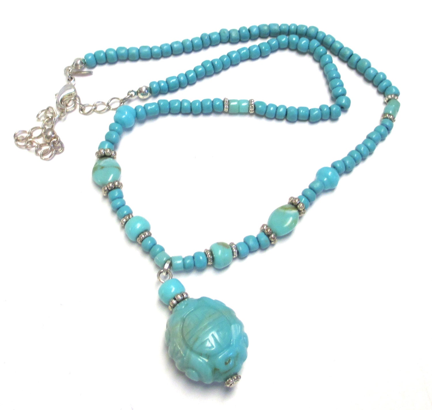 Avon Signed Faux Turquoise Beaded Necklace Molded Plastic Scarab Pendant