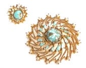 Beautiful Sarah Coventry "Azure Skies" Faux Turquoise and Pearl Round Brooch and Ring