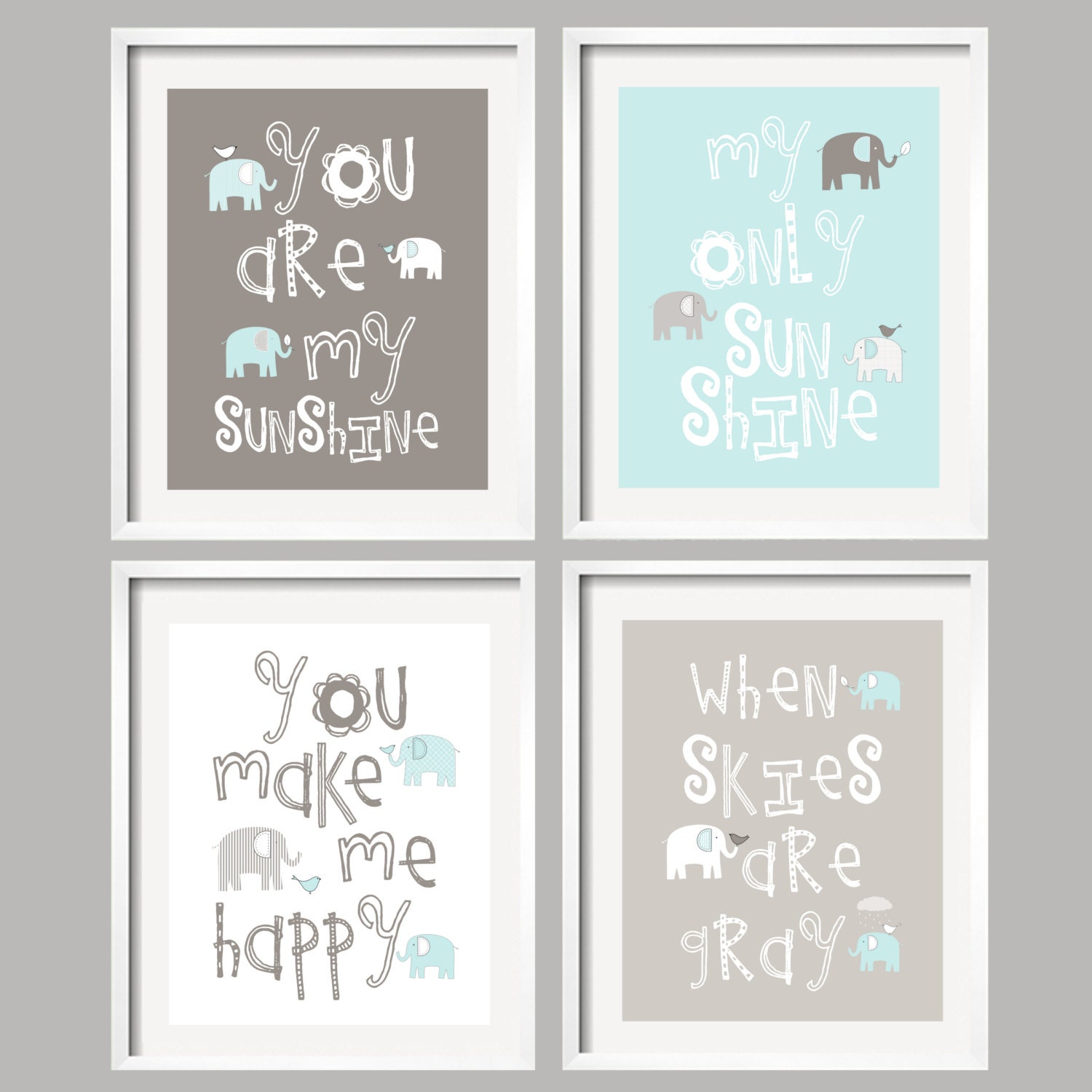 You Are My Sunshine  Art Prints/ Elephant and bird/ Mist and Gray/ 8x10 - baby shower gift, for boy or girl