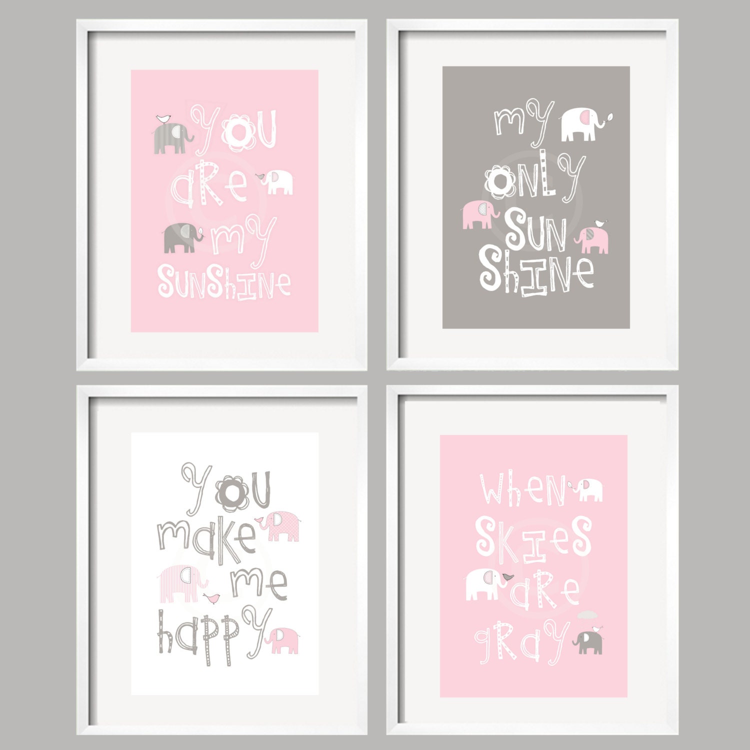 Pink and Gray Nursery Decor Prints - You Are My Sunshine - Elephant and bird -  8x10 - baby shower gift, for boy or girl by YassisPlace