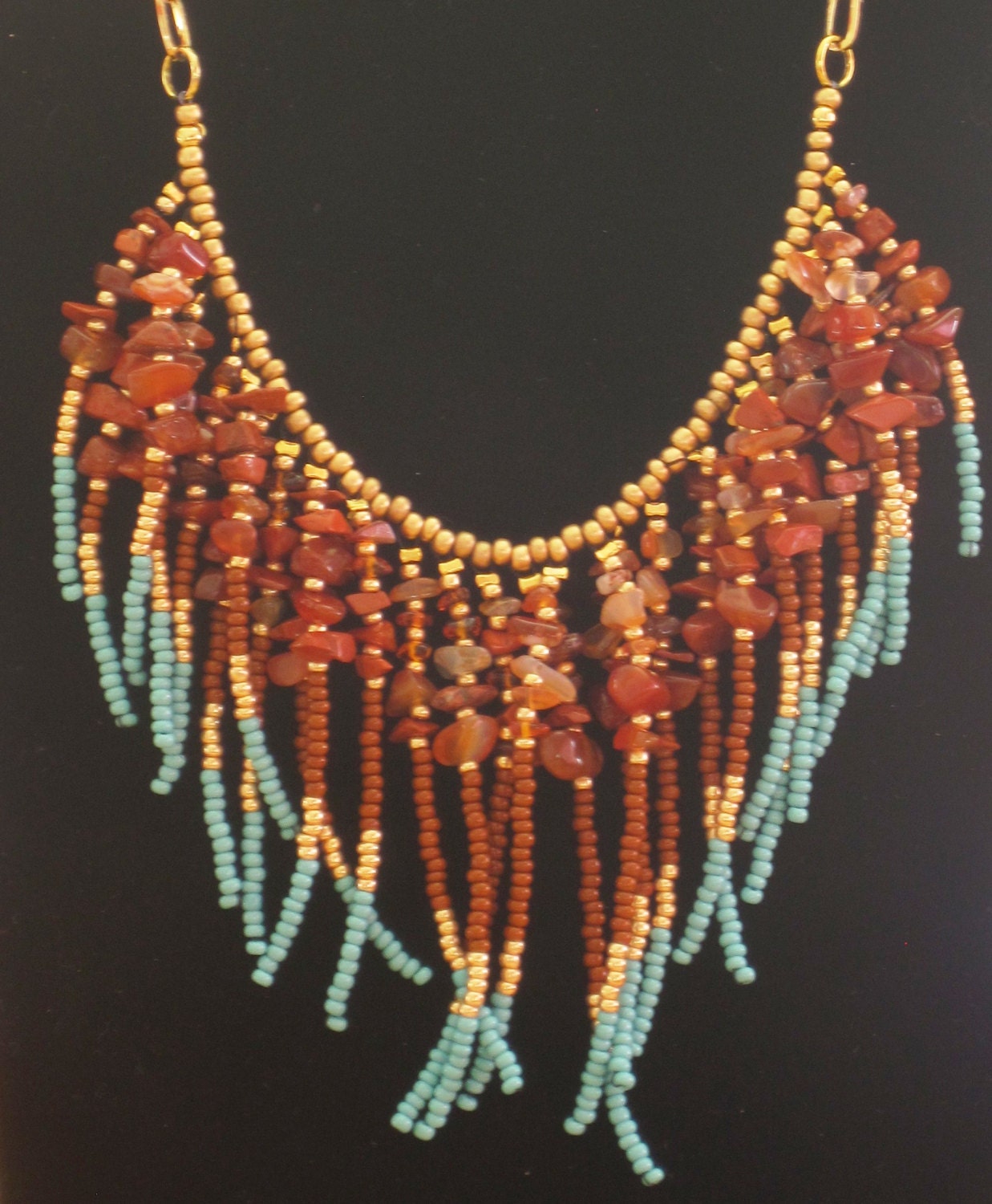 Native American style tribal fringed collar necklace with carnelian and turquoise