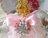 Princess Pink Jeweled Antique Rose Perfume Bottle Bridal Lace Shabby Chic Valentine Christmas French Marie Antoinette Victorian   SCT