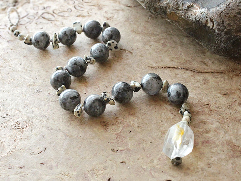 Black Labradorite crystal anklet - beaded crystal healing jewelry with Dalmatian Jasper and Garden Quartz, without metal