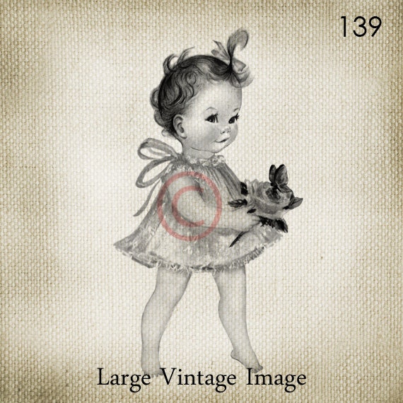 Adorable Vintage Baby Girl with Pretty Dress LARGE Digital Vintage Image Download Sheet Transfer To Totes Pillows Tea Towels T-Shirts