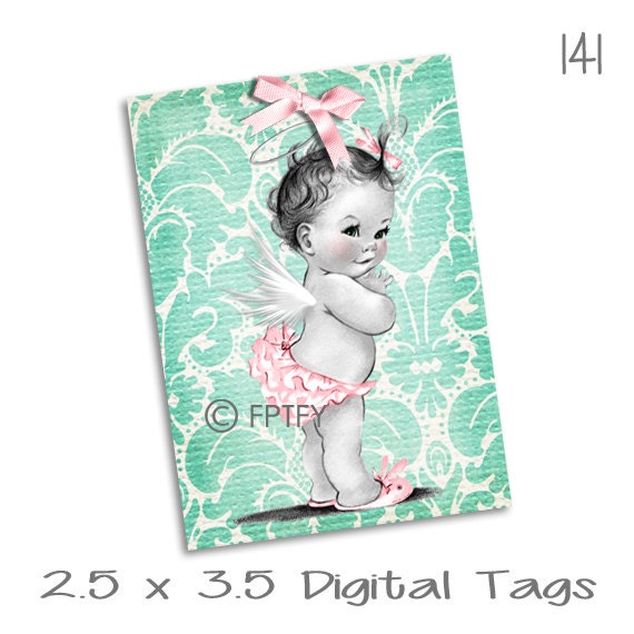 Adorable Vintage Angel Baby Girl Gift Tags Digital Collage Sheet Printable jpg Download