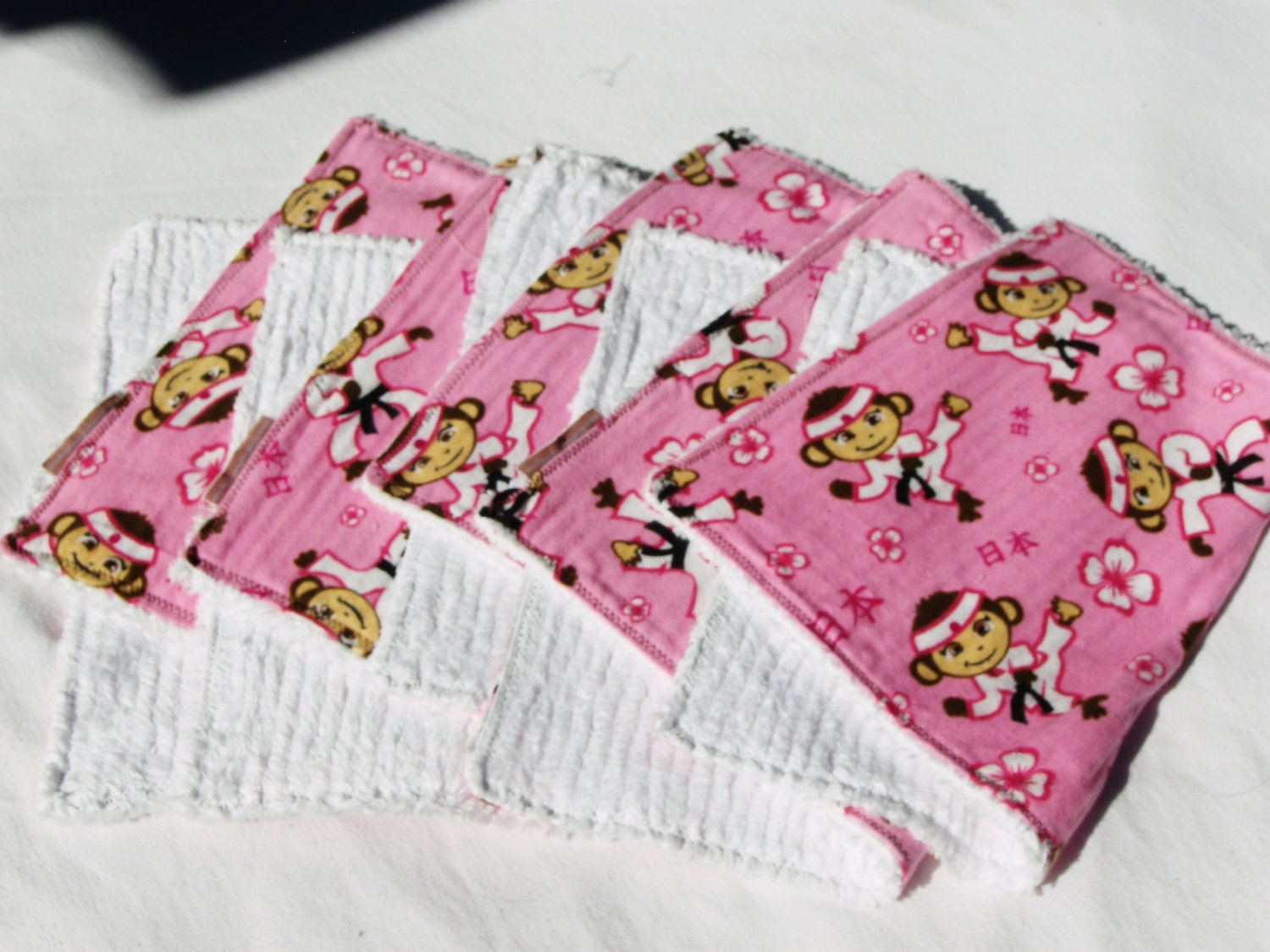 SPRING SALE - Lg 5pk Pure Chenille Burp Cloths - Girls Kung Fu Ninja-Monkey