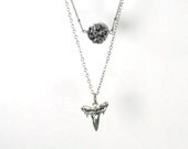 Dangling Karats. shark tooth necklace. Sterling silver dipped genuine tooth, chain and raw silver druzy.