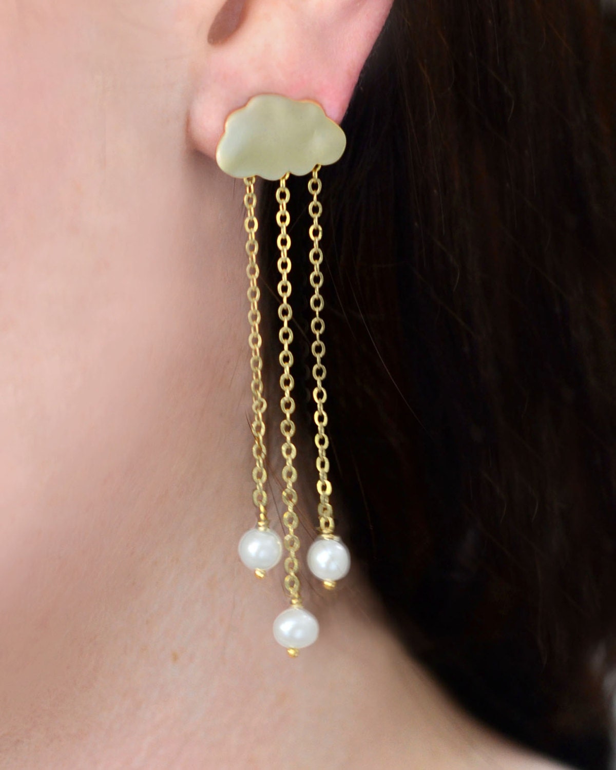 As Seen on FAB.Com English Rain. Gold cloud earrings.  stud post earrings with freshwater pearls