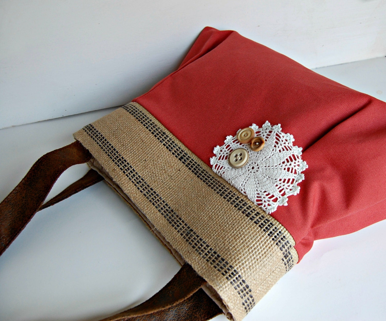 Coral, button,  burlap and lace Handbag