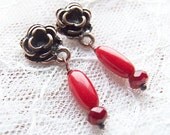 valentina rose studs - girly, red, rosy, dangel, sweet rose studs earrings with red coral