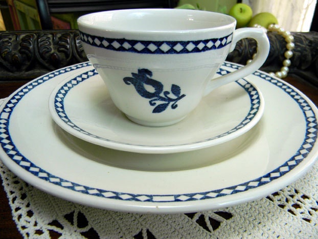 Churchill Teacup Tea Cup Saucer and Plate Trio - Blue on Milky White Porcelain - Made in England 9021