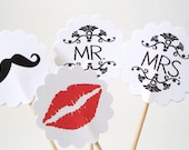 12 Wedding Mr. & Mrs. Party Picks, Mustache, Lips, Cupcake Toppers, Food Picks, Wedding Decorations, Cake Toppers - No598