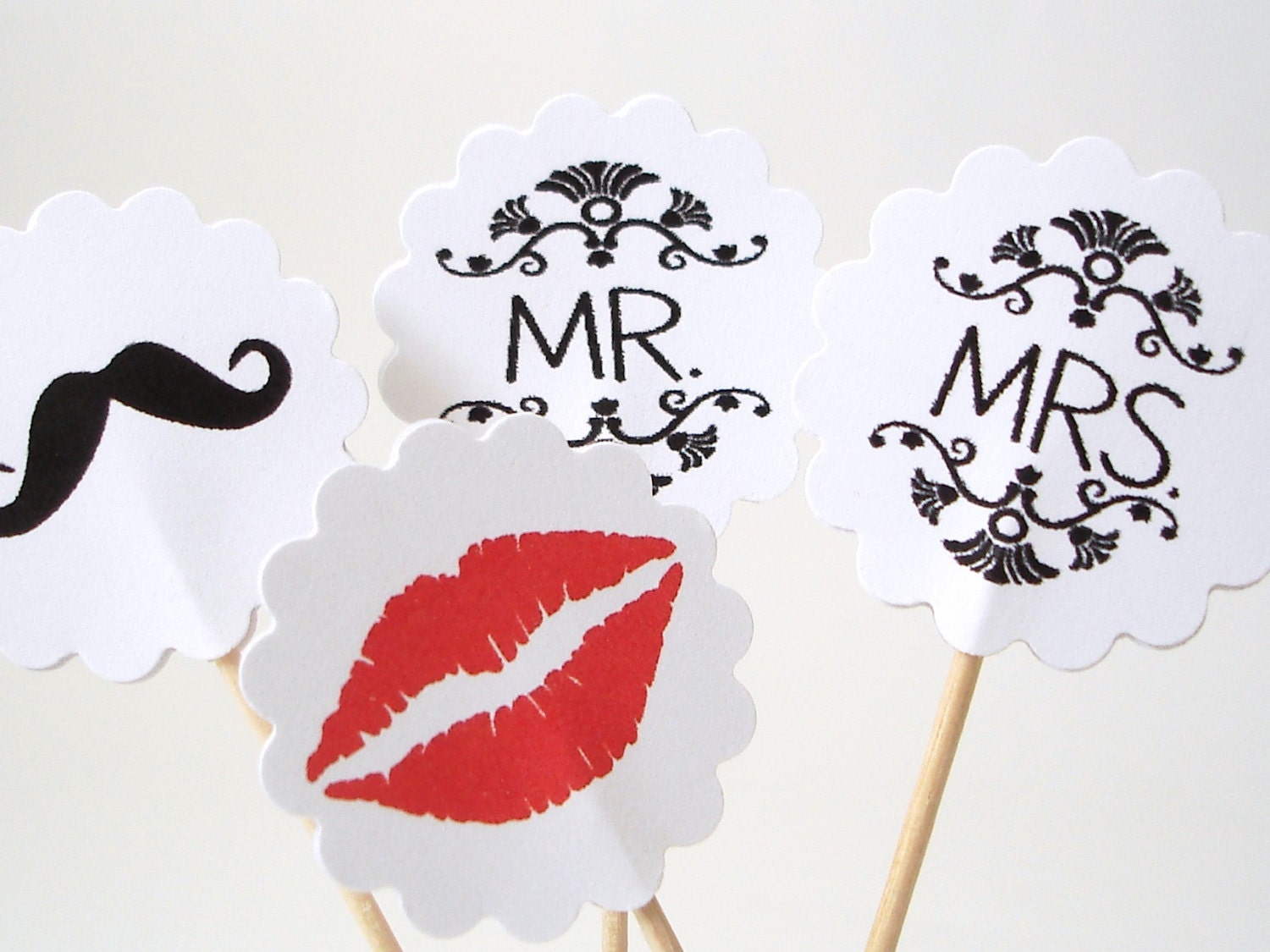 12 Wedding Mr. & Mrs. Mustache Lips Party Picks, Cupcake Toppers, Food Picks, Wedding Decorations, Cake Toppers - No598