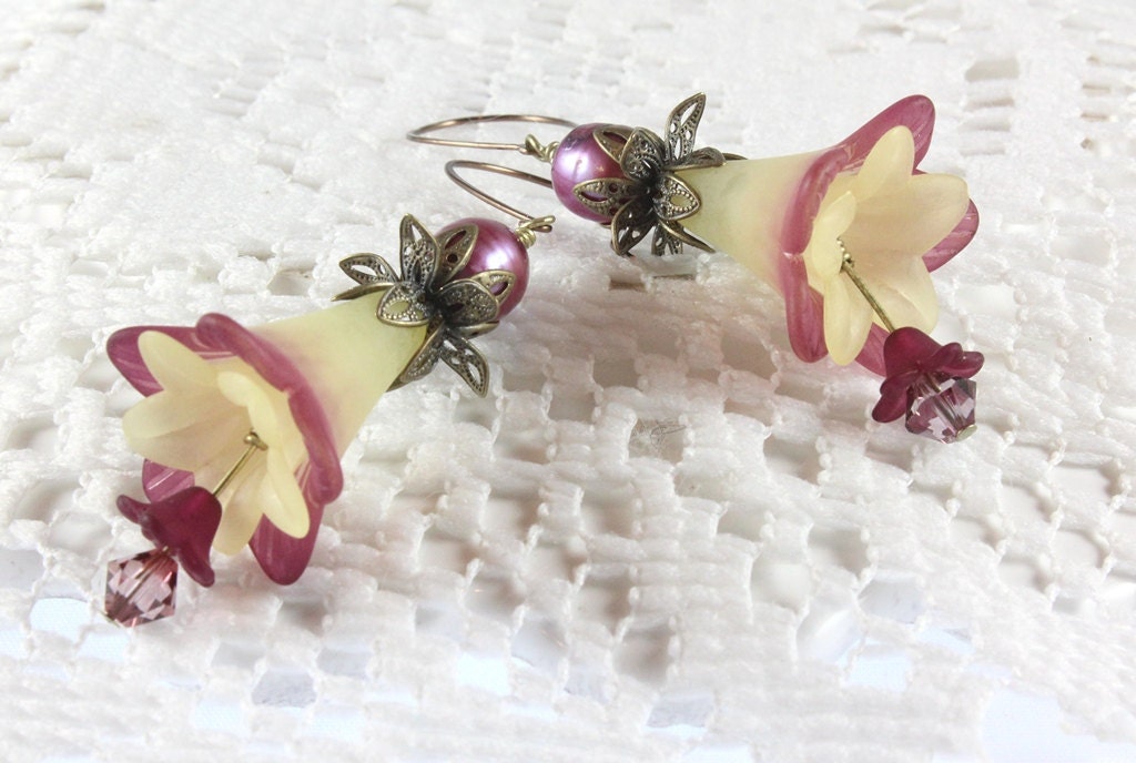 Lily Flower Earrings, Cream and Wine Pearl and Crystal Vintage Style