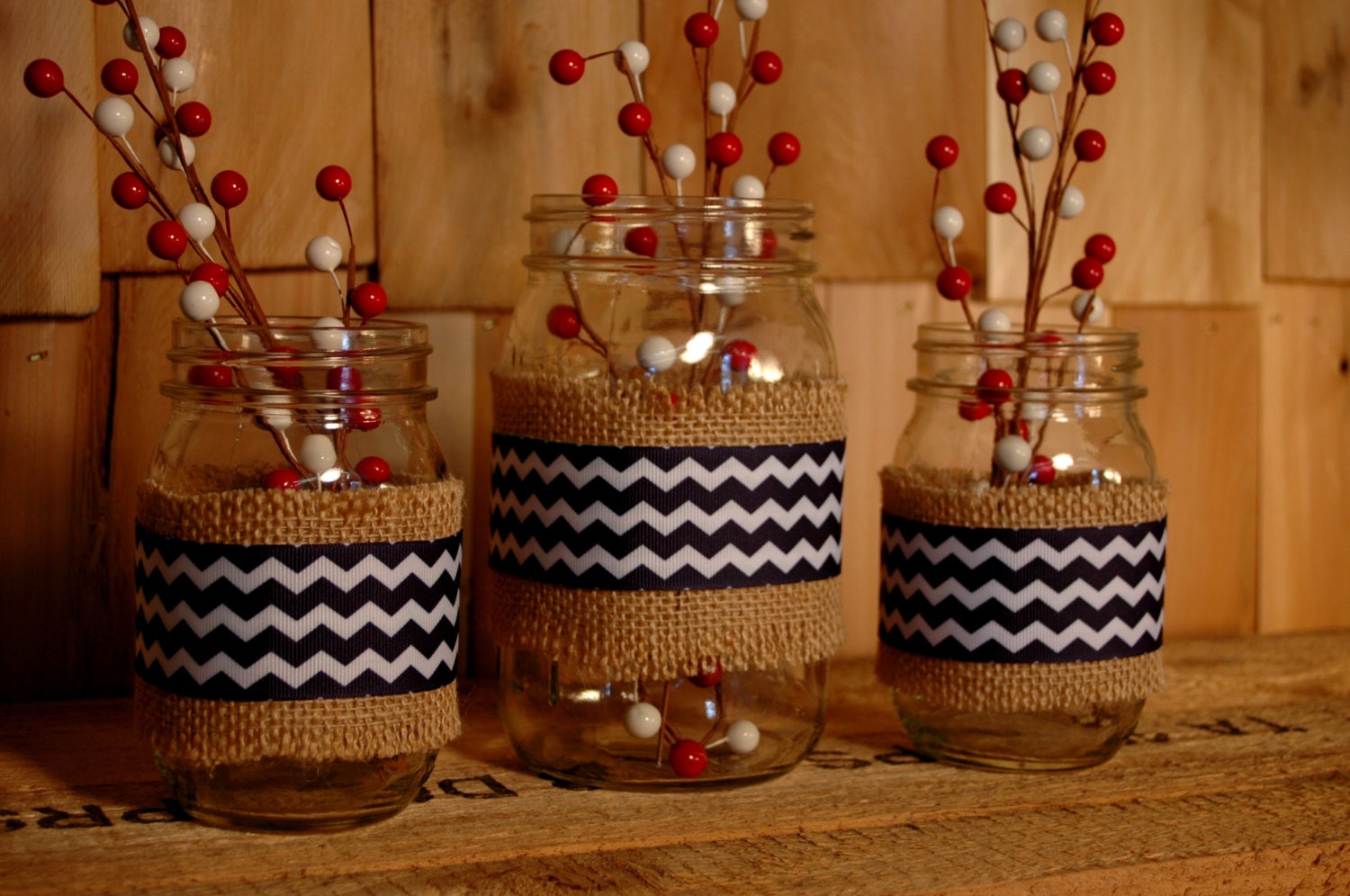 Chevron set of 3 Mason Jars table decor decorated with Chevron ribbon and burlap mason jar table centerpiece