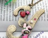 Pretty retro copper 3d Y with rabbit strawberries necklace pendant jewelry vintage style