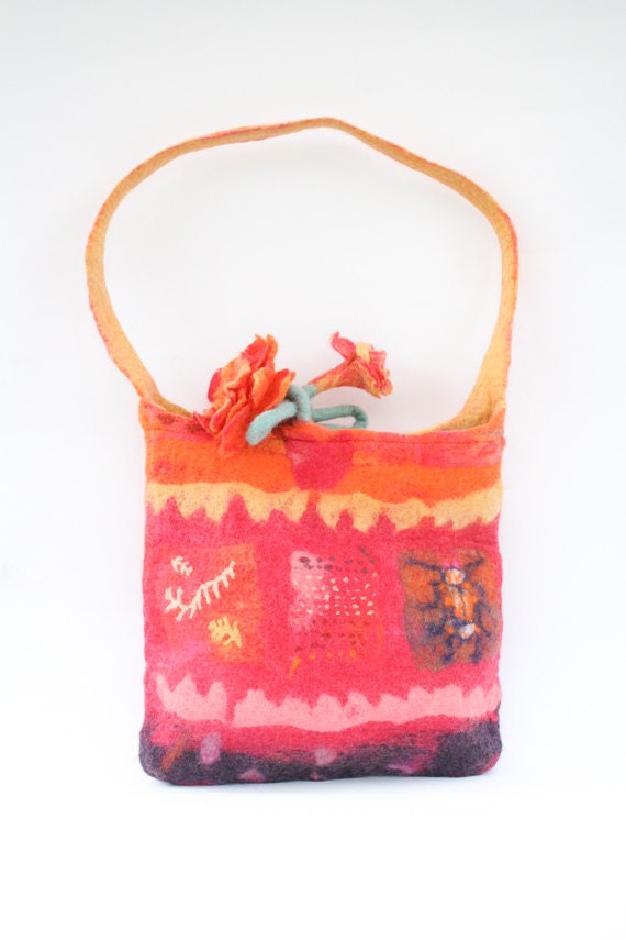 Felted Felt Purse Bag Handbag with Felted Flowers White Cream Pink Red Orange