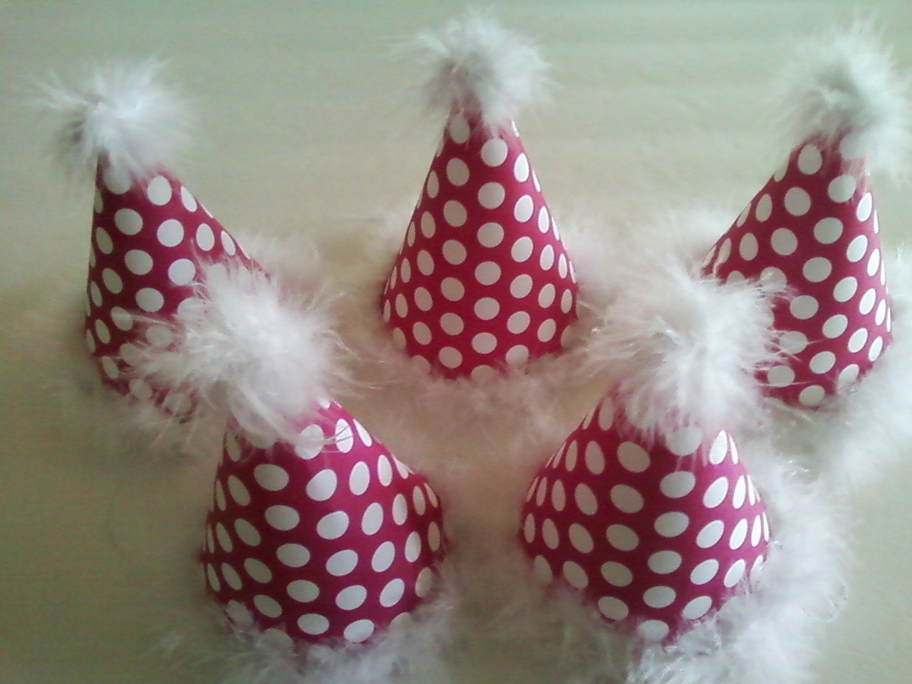 RASPBERRY Polka Dot Birthday Party Hat Trimmed in Marabou -- (Set of 5)
