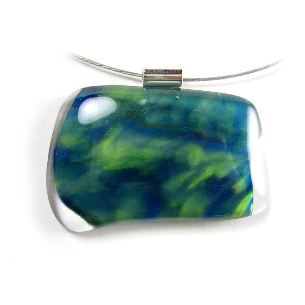Green, Blue, and Clear Recycled Glass Pendant Necklace with Magnetic Closure