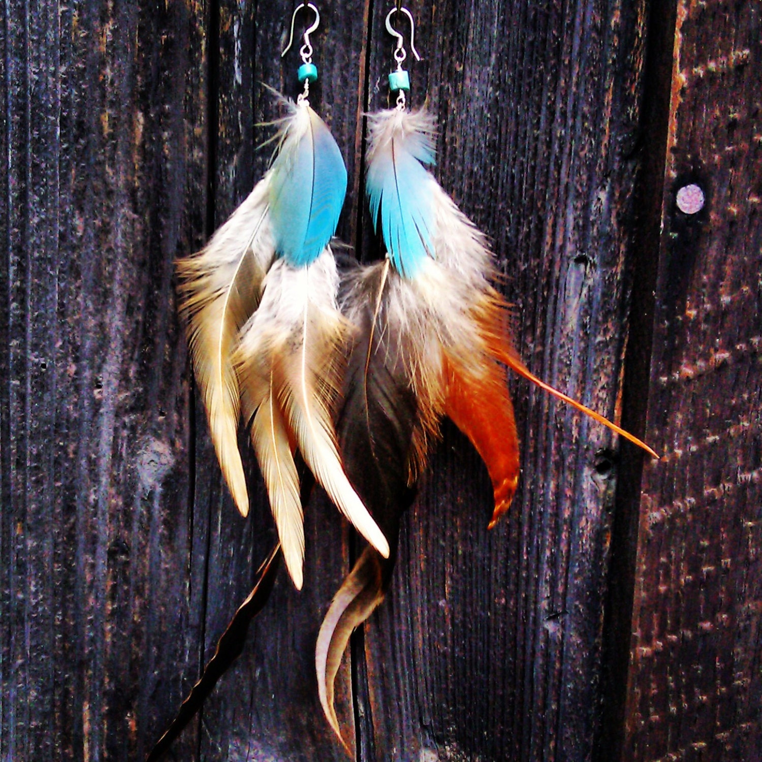 Rooster and turquoise feather earrings
