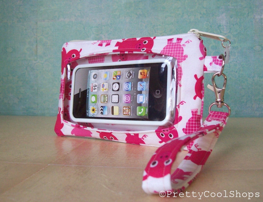 Touch Screen Wristlet, iphone wallet, cell phone wristlet, droid case, pink piggies, fabric phone case, touch screen pocket