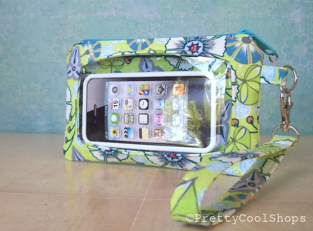 Touch Screen Wristlet, iphone wallet, cell phone wristlet, droid case, fabric phone case, touch screen pocket, lime green posy