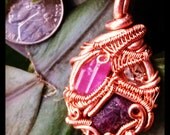 Funky copper wire wrapped pendant with pink tourmaline and a herkimer diamond