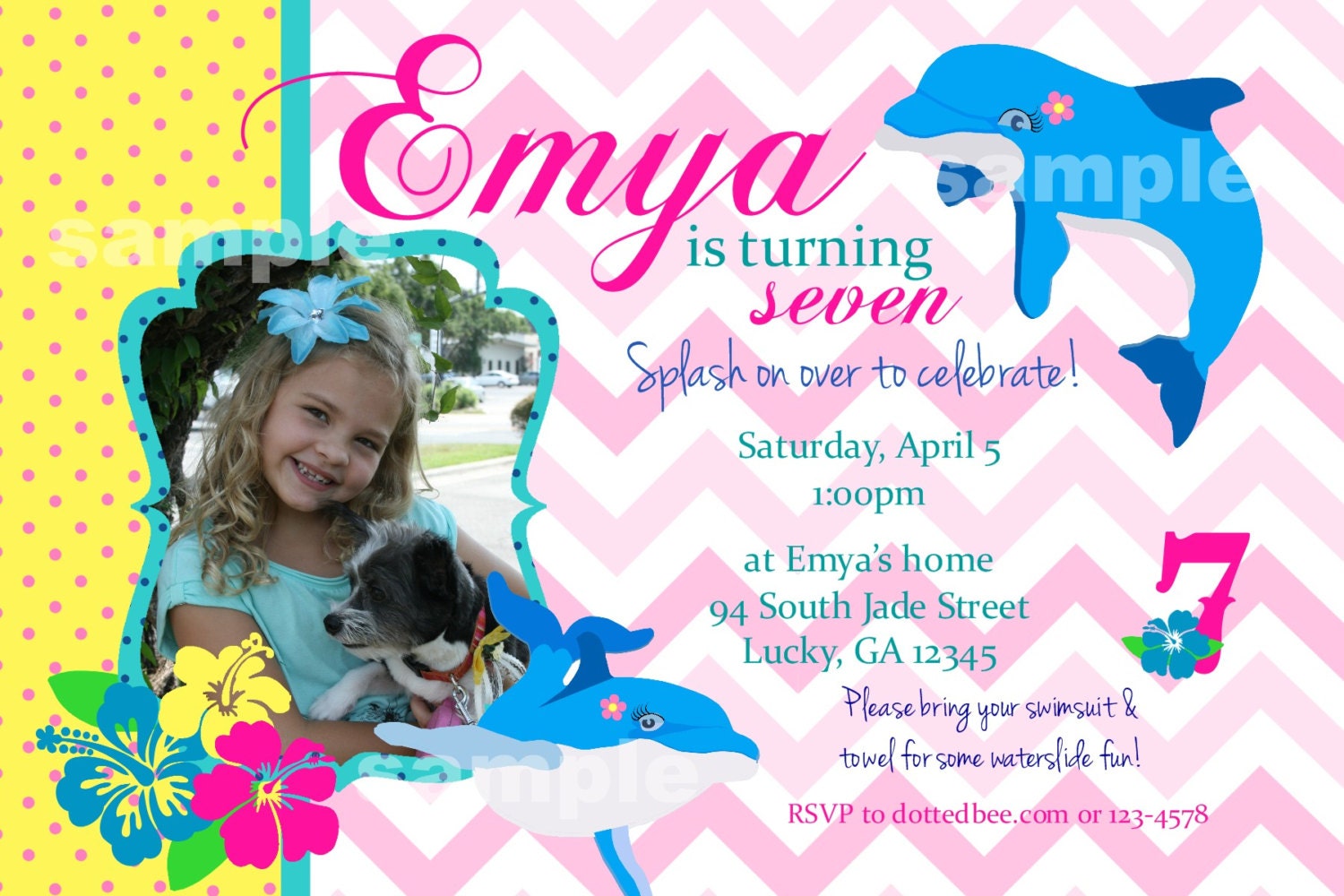 Dolphin Invitation Photo Birthday Party Printable Pink Chevron Polka Dot Hibiscus flower summer Luau party