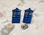 Tardis, Dr. Who, Illustrated Hand-Made Stud Earrings