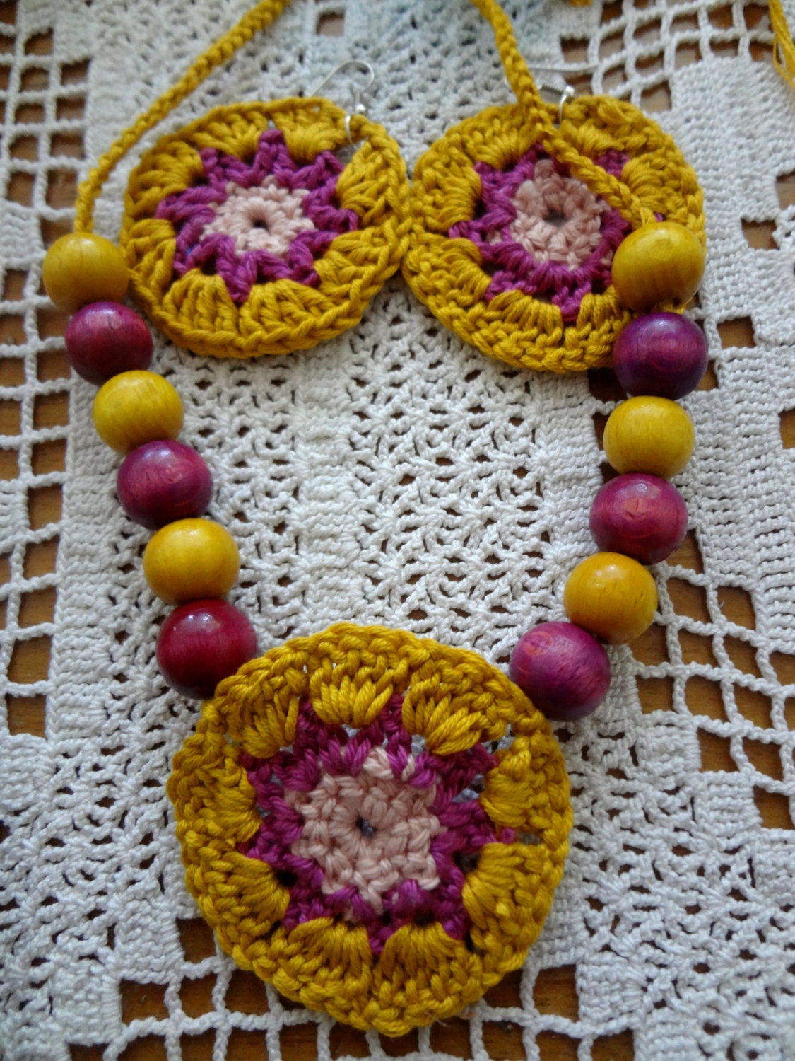 Mustard and Magenta Crocheted Necklace and Earrings - colorful, bohemian, tribal, gypsy set