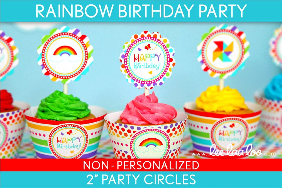 Rainbow Birthday Party - 2 inch Party Circles & Bonus: Cupcake Wrappers NonPersonalized Printable // Rainbow - B41Nd Il_170x135