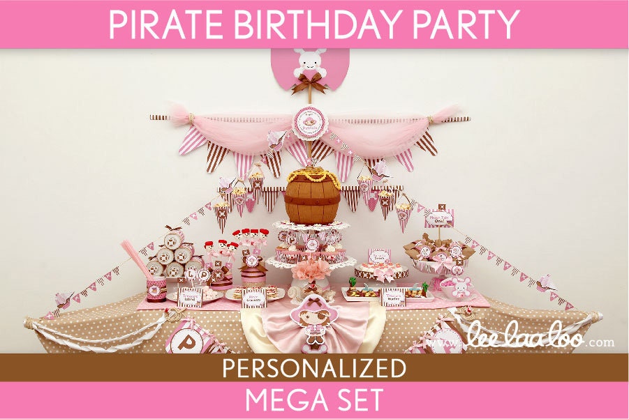 Pirate Birthday Party Package Collection Set Mega Personalized Printable // Pirate Girl Pink Brown - B9Pz2 Il_570xn