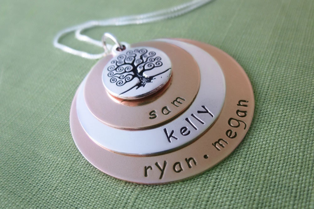 Personalized Grandma Necklace - Mixed Metal Stacked with Tree of Life Charm - Sterling Silver and Copper - Hand Stamped Jewelry