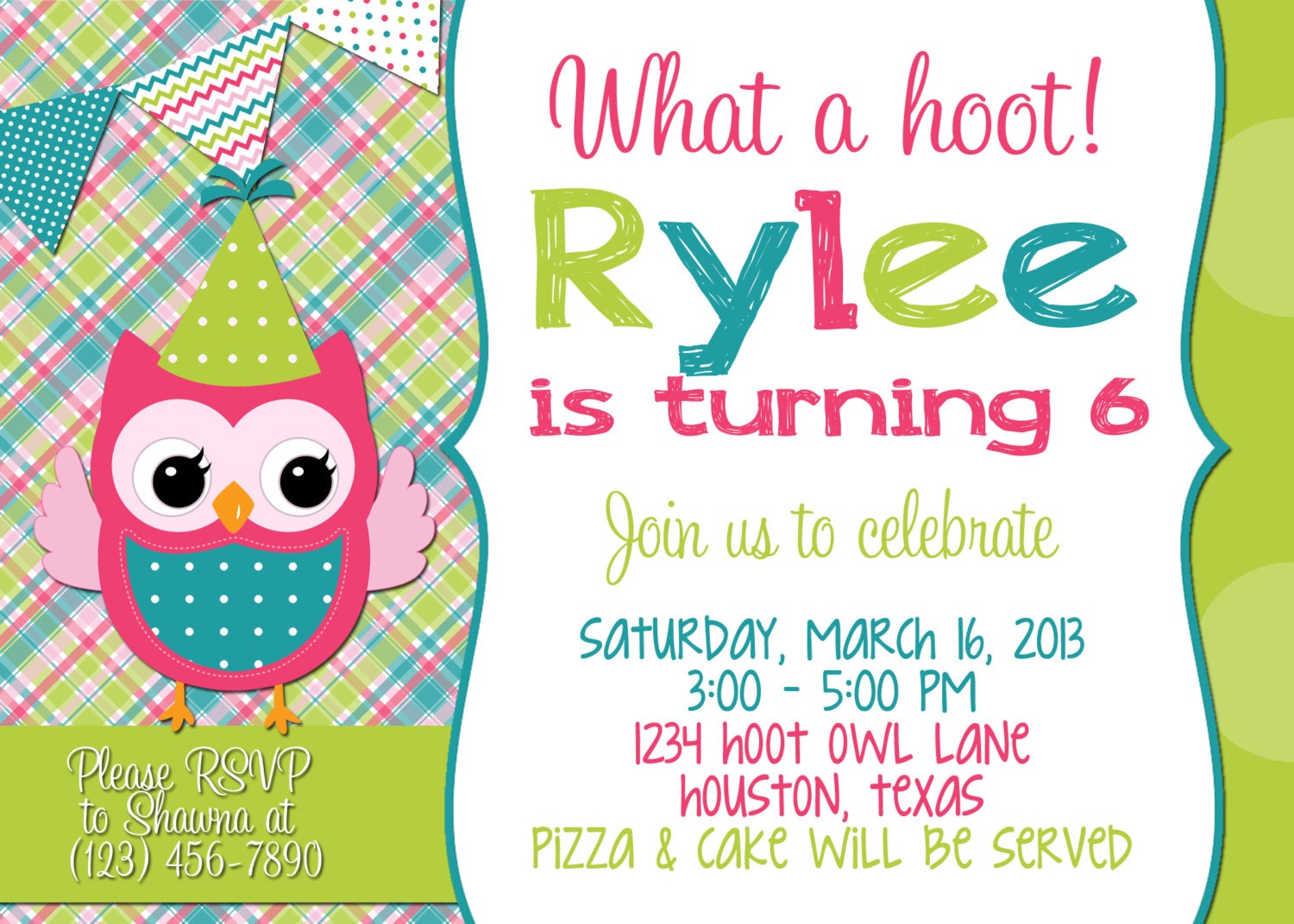 Owl 5x7 Invitation - Girl Birthday Party - PRINTABLE Il_570xn