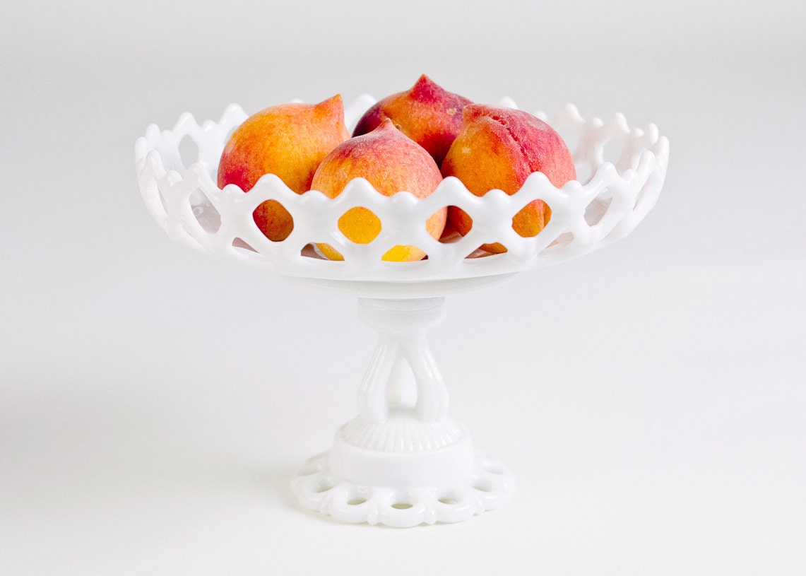 Westmoreland Glass Fruit Compote milk glass bowl stand service elegant decor classic cottage lace pattern made in usa winter white wedding