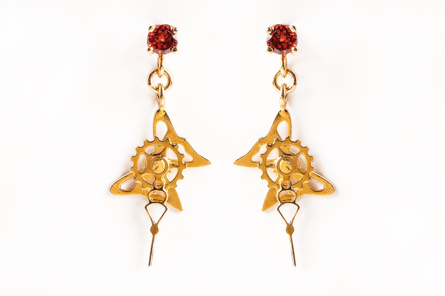 Butterfly Earrings, Butterfly Jewelry, Summer Fashion, Gold Earrings, Red Garnet Earrings, Delicate Earrings, Clock Part Earrings