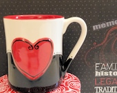 Ceramic Coffee Mug Cup in Black and White with Red Heart